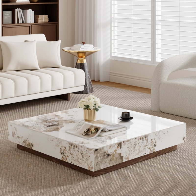 Glossy Stone Square Coffee Table, Block Base, Organic Pattern.