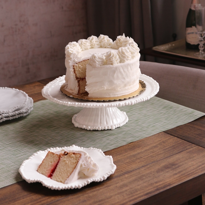 Glossy White Cake Stand Beaded Rim Ribbed Stem Cottagecore