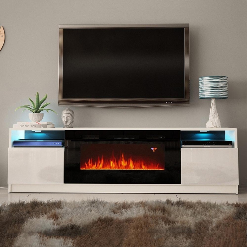 Glossy White TV Stand Fireplace Handleless Design Blue LED Accent