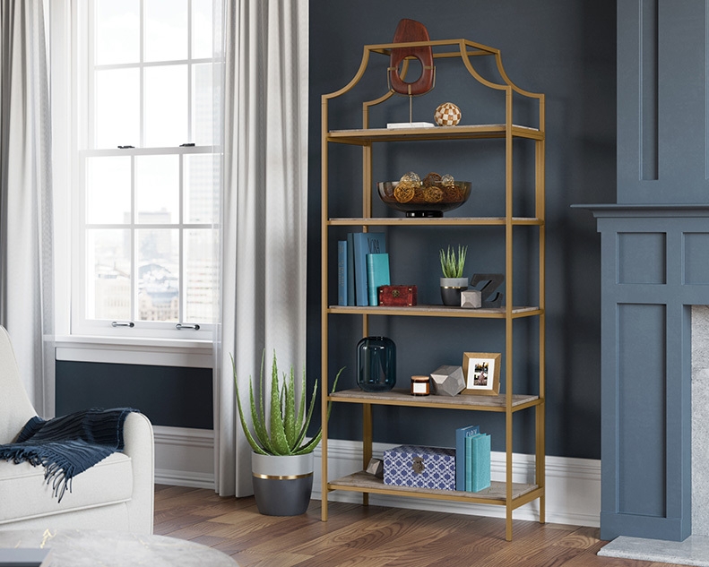 Gold Arched Etagere Bookcase with Deco Stone Finish Shelves