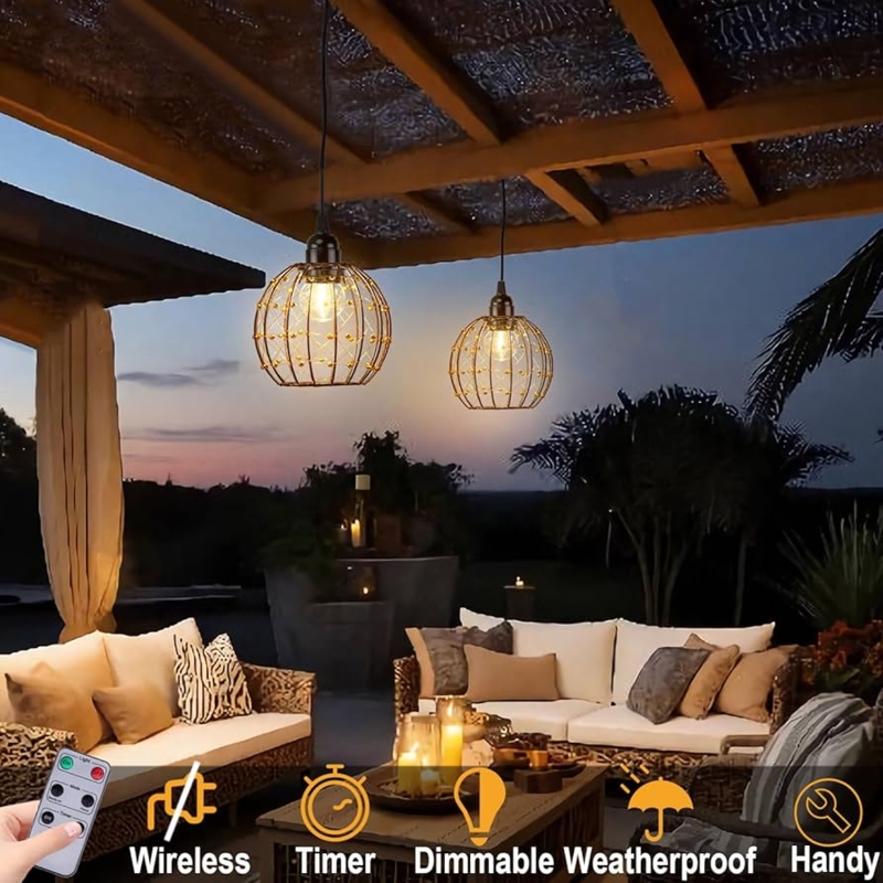 Gold Beaded Cage Pendant, Wireless Battery Operated Boho Pergola Lights.