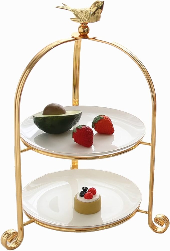 Gold Bird Cake Stand, Polished 2-Tier Arched Frame & Scrolled Feet
