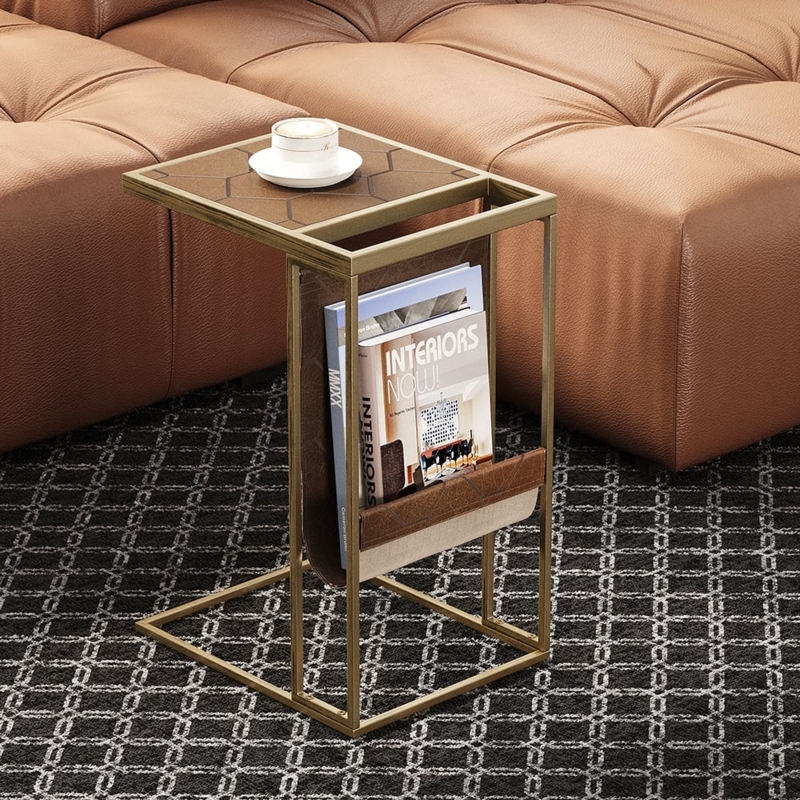 Gold C-Shaped Side Table with Geometric Tiled Top & Leather Sling Rack