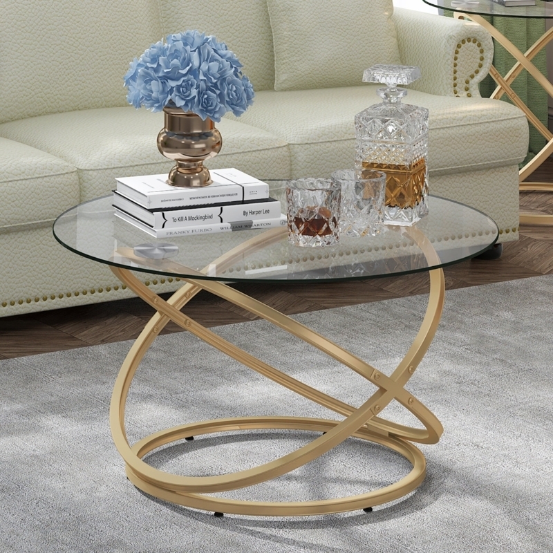 Gold Coffee Table Round Glass Interlocking Rings Sculptural