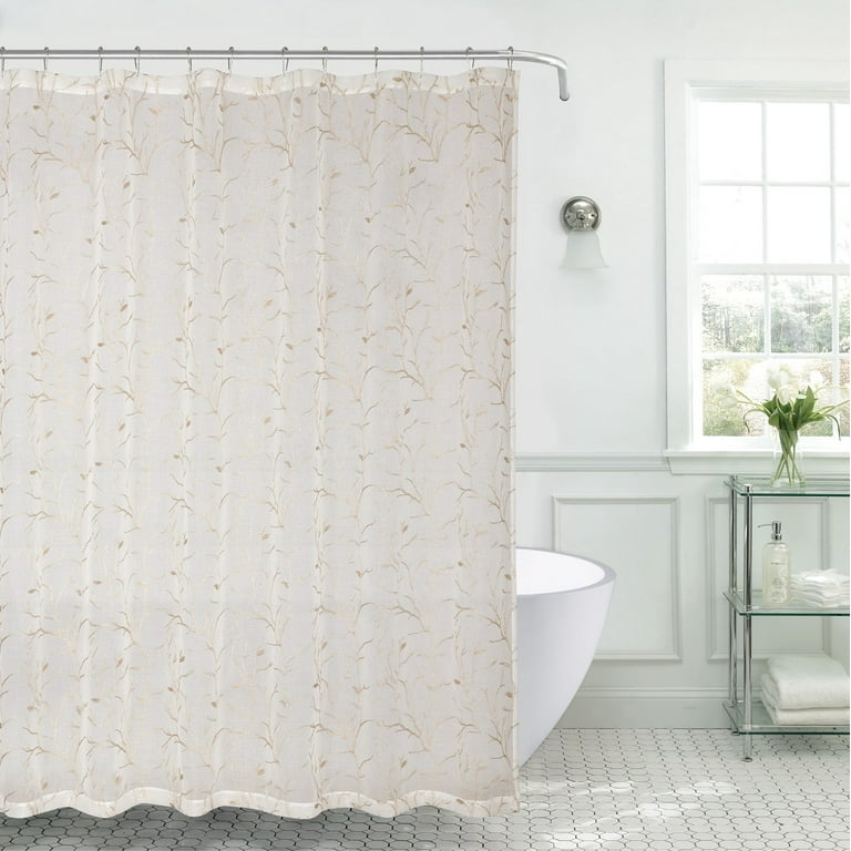 Gold Embroidered Shower Curtain, Sheer Fabric, Metallic Branch Motif.