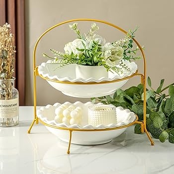Gold Hoop Tiered Tray, 2-Level White Ceramic with Scalloped Rims