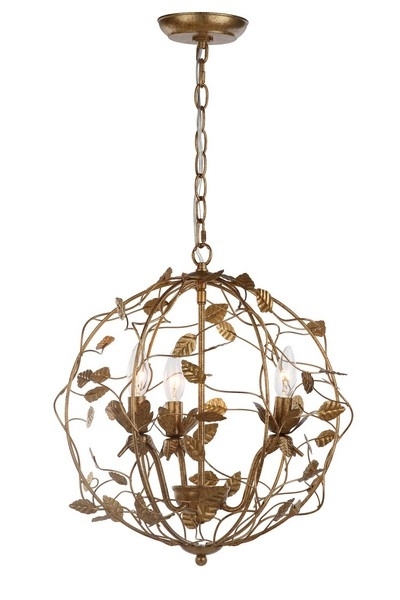 Gold Leaf Orb Chandelier: Botanical Vine Motif, Antique Finish.