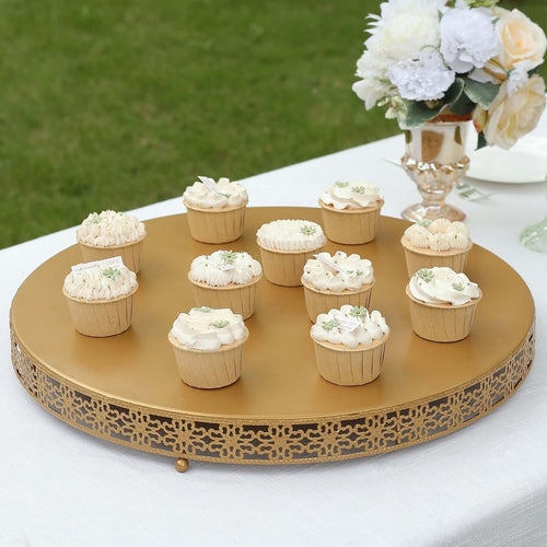 Gold Metal Cake Stand Fleur De Lis Cutwork Ball Feet Vintage Garden