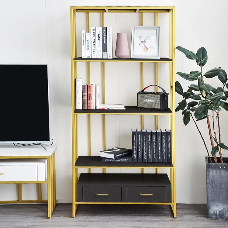 Gold Metal Etagere Bookshelf with Black Stone Shelves and Drawers