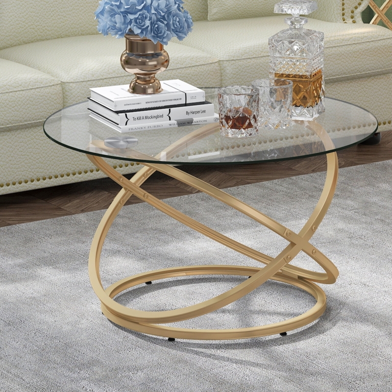 Gold Ring Coffee Table Round Glass Interlocking Sculptural Base