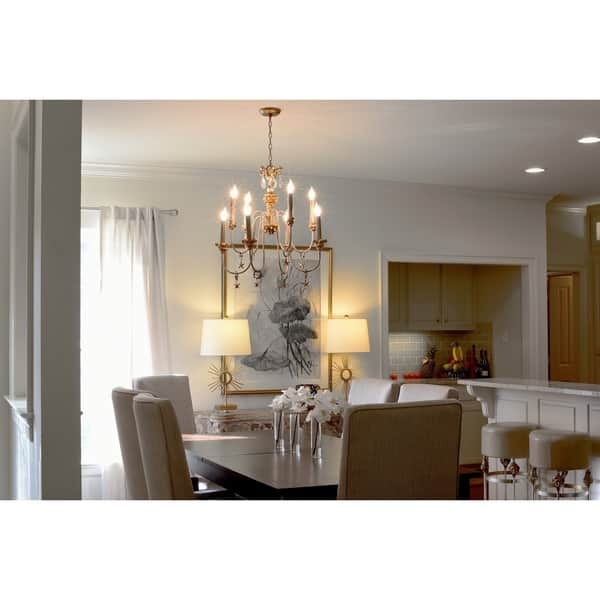 Gold Tiered Chandelier: Eight Light Candle Style, Crystal Bobeches.