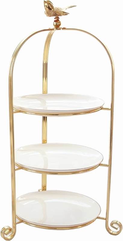 Gold Tiered Serving Stand, 3-Level Arched Frame & Bird Finial