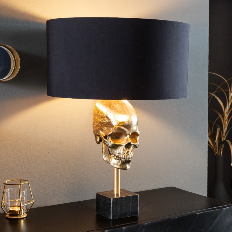 Golden Skull Table Lamp with Black Marble Pedestal Base