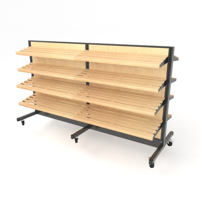 Gondola Shelving Mobile Casters Double Sided Slatted Wood Industrial