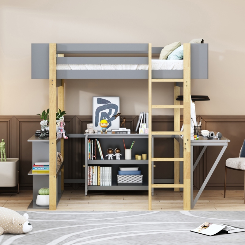 Gray and Natural Wood Loft Bed with Integrated Shelving