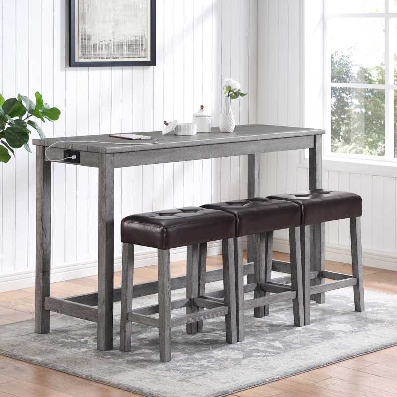 Gray Bar Height Table Set Integrated Power Outlet Tufted Seats