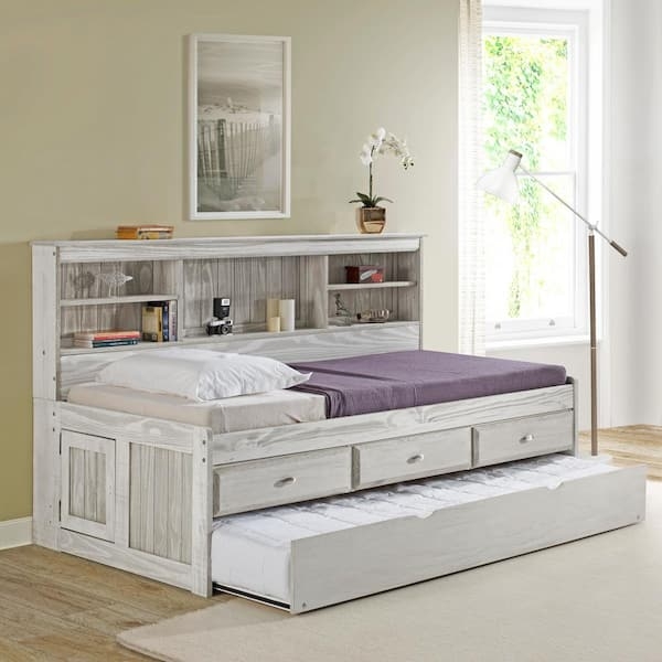 Gray Daybed with Trundle, Light Ash Coastal Farmhouse, Three Drawers