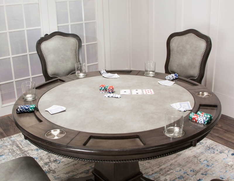 Gray Felt Poker Table Set with Recessed Chip Trays and Metal Accents