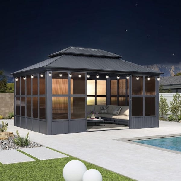 Gray Hardtop Gazebo 12x16 Footprint Aluminum Screen House