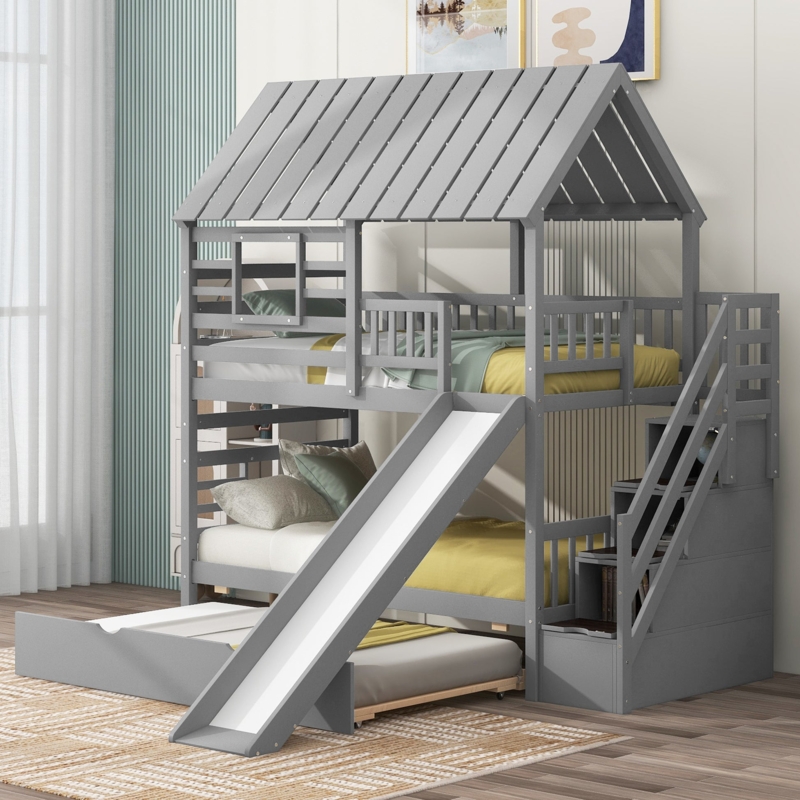 Gray House Bunk Bed with Storage Staircase and Trundle