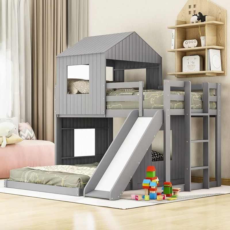 Gray Playhouse Bunk Bed with Slide and Window Cutouts