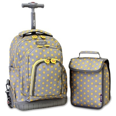 Gray Rolling Backpack Set with Yellow Polka Dots and Lunch Bag