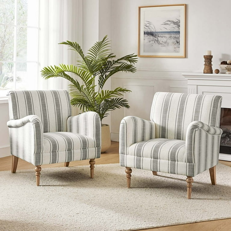 Gray Ticking Stripe Accent Chairs Set of 2, Turned Legs, Flared Arms
