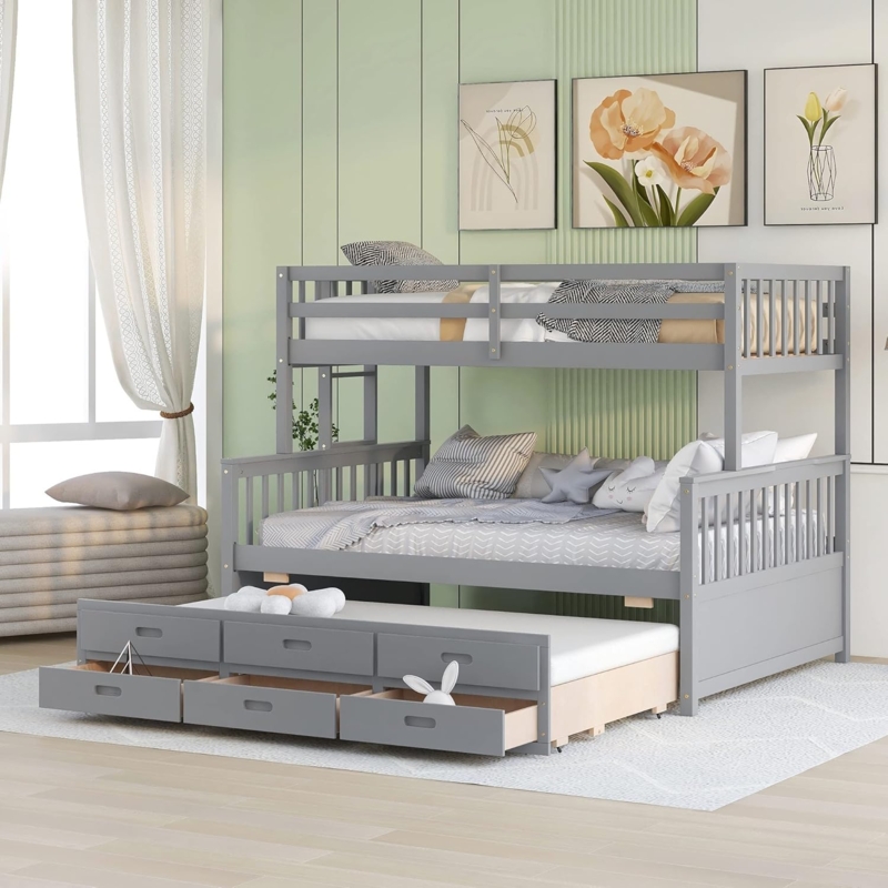 Gray Triple Bunk Bed, Full over Twin Trundle, Integrated Ladder