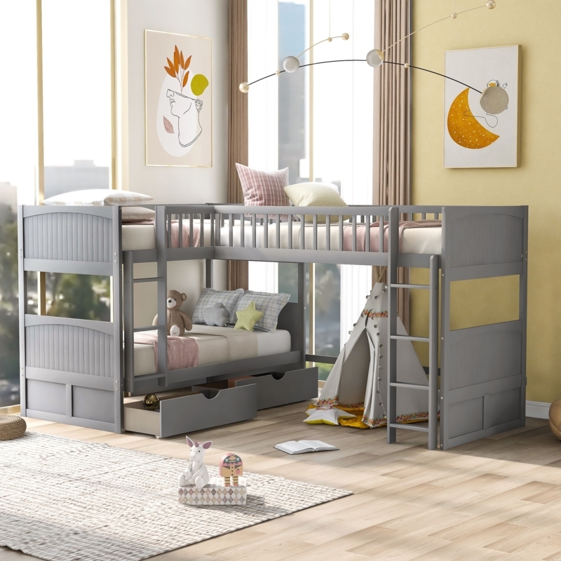Gray Triple Bunk Bed Wood Frame with Paneled Headboards and Loft