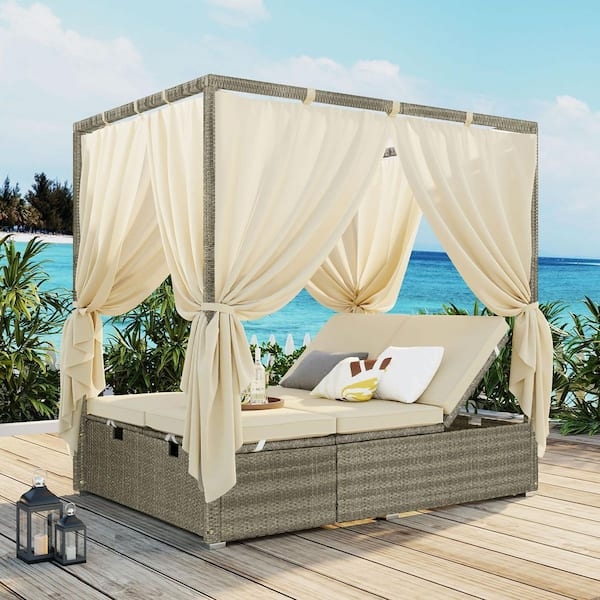 Gray Wicker Outdoor Daybed, Canopy, Adjustable Lounge Seating