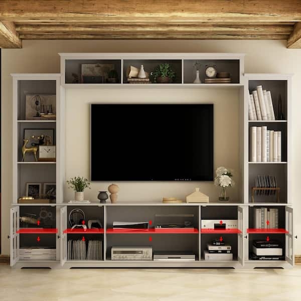 Gray Wood Entertainment Center, Full Wall Unit, Glass Door Cabinets.