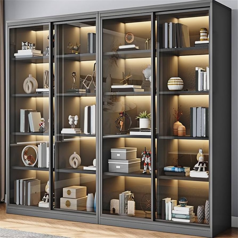 Grey Display Cabinet with Sliding Glass Doors and Integrated LED