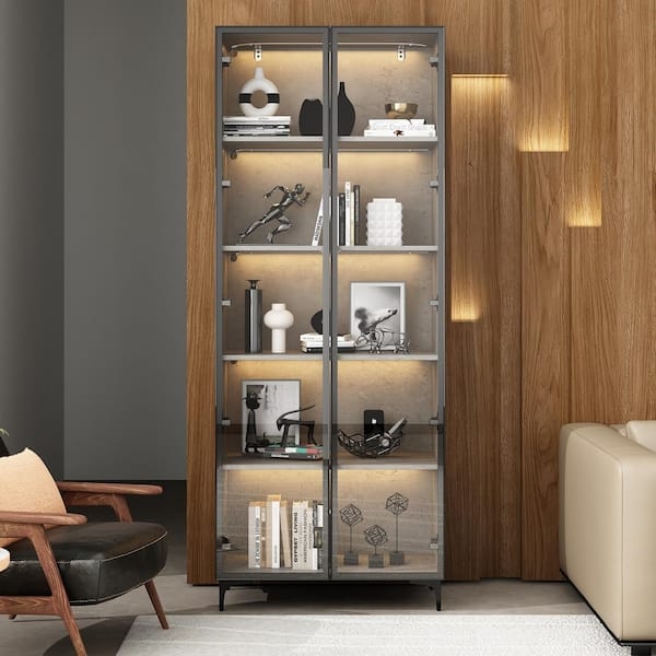 Grey Glass Display Cabinet with Stone Effect Backing and LED Lighting