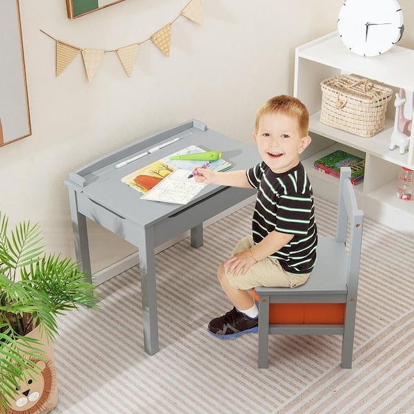 Grey Kids Desk Set with Pen Groove and Side Hook