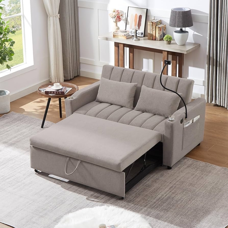 Grey Sleeper Sofa featuring Channel Tufting and Phone Mount