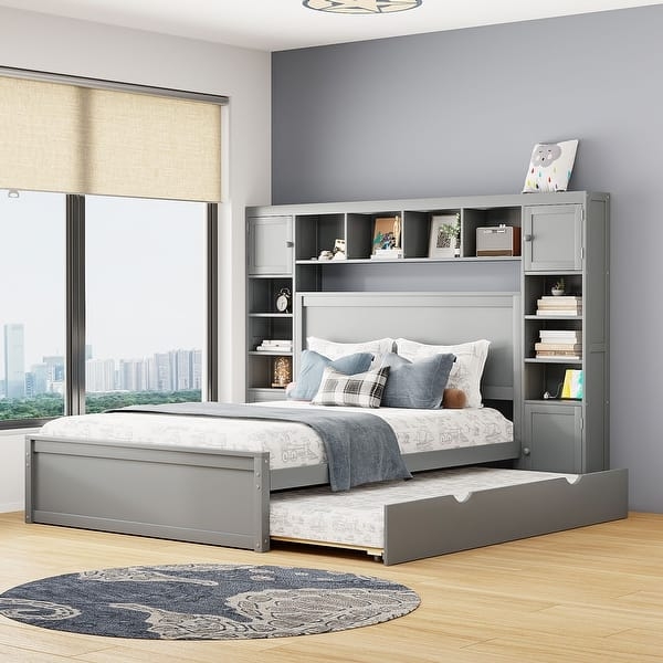 Grey Storage Bed with Trundle, Queen Slate Finish, Cabinet Doors
