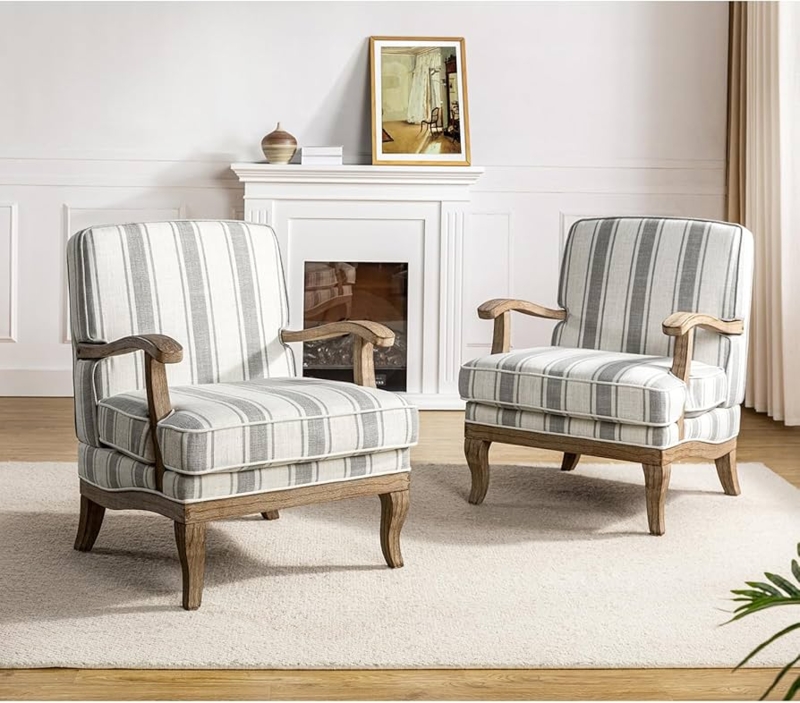 Grey Stripe Accent Chairs Set of 2, Cabriole Legs, Curved Wood Frame