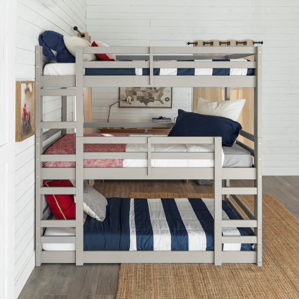 Grey Triple Bunk Bed, Wood Frame, Three-Tier Stack, Low Profile Base