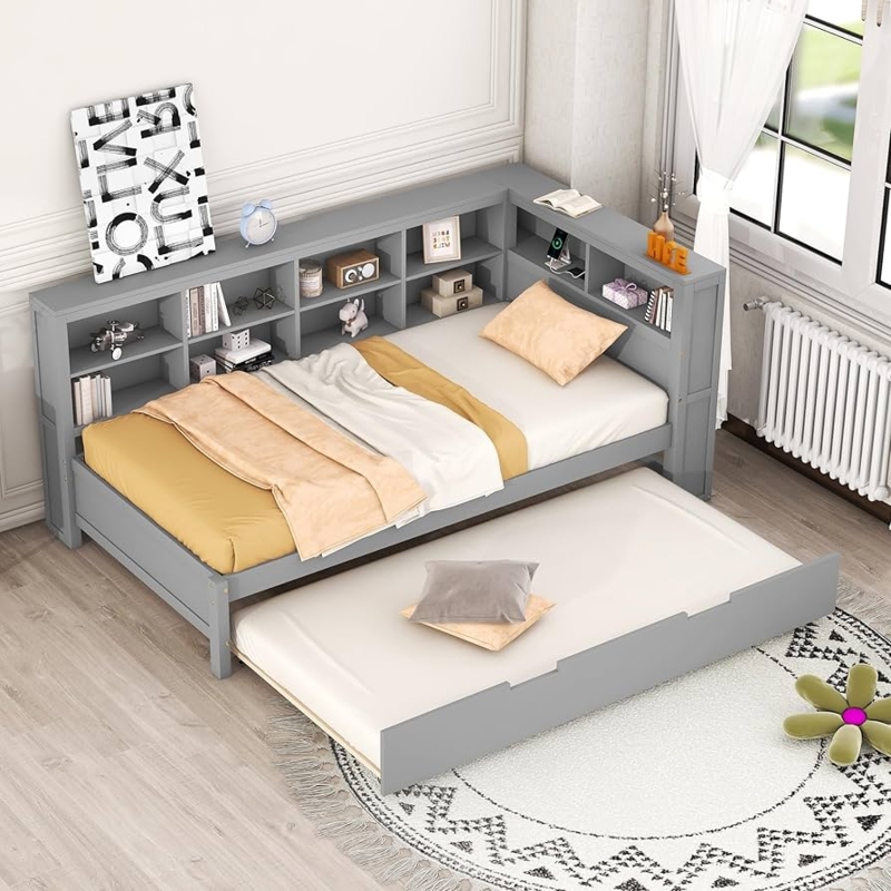 Grey Trundle Bed with Storage, L-Shaped Headboard, Integrated Charging
