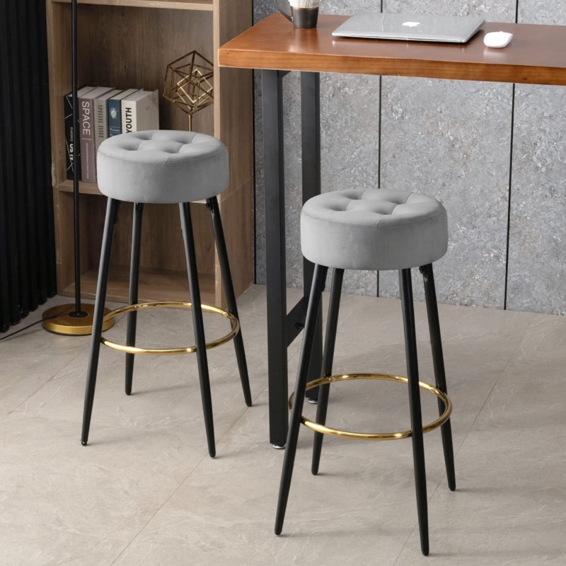 Grey Velvet Backless Bar Stool with Button Tufting and Gold Ring