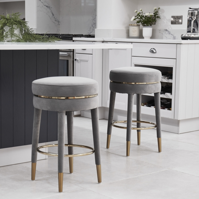 Grey Velvet Bar Stool with Gold Trim Inlay and Velvet Wrapped Legs