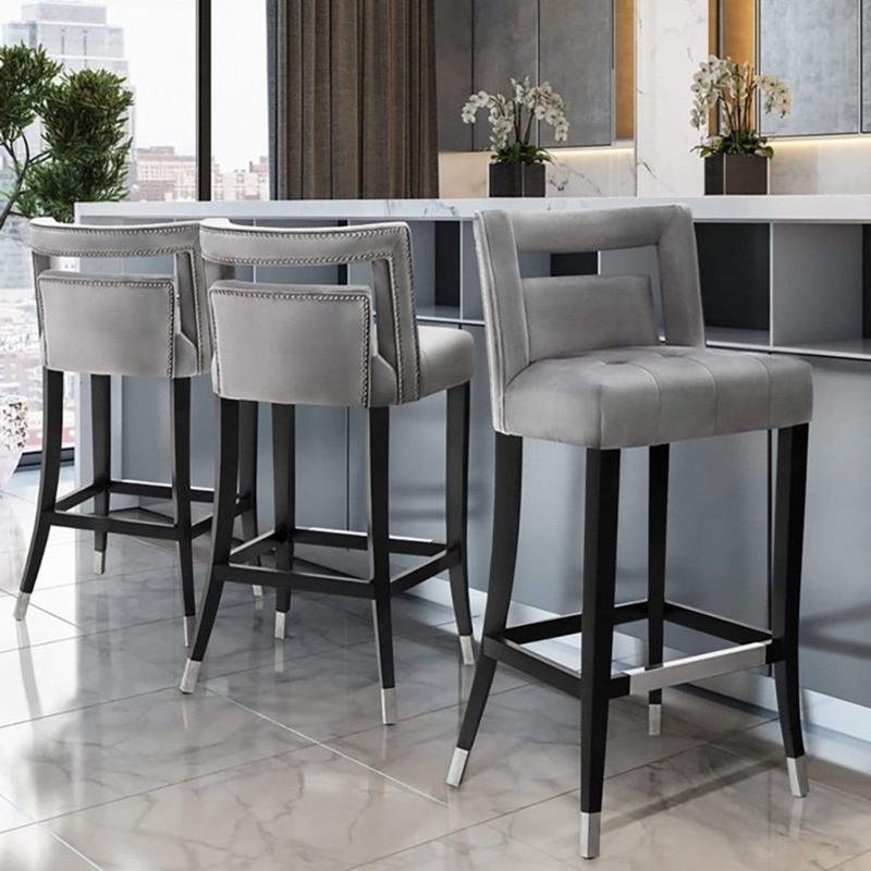Grey Velvet Bar Stool with Nailhead Trim and Open Back Design