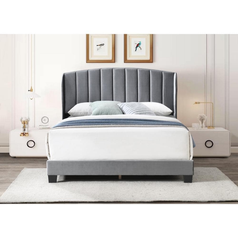 Grey Velvet Platform Bed: Curved Vertical Channel Tufting Design