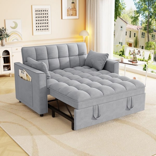 Grey Velvet Sleeper Sofa featuring Grid Tufting and Side Pockets