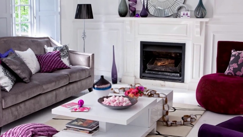 Grey Velvet Sofa Living Room Set with Plum Purple Accents