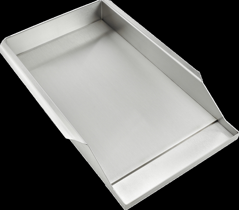 Griddle Plate, Slanted Side Profile, High Sidewalls, Brushed Metal.