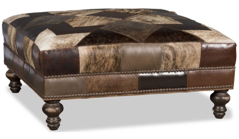 Hair-on-Hide Cocktail Ottoman: Double Nailhead Trim & Turned Feet