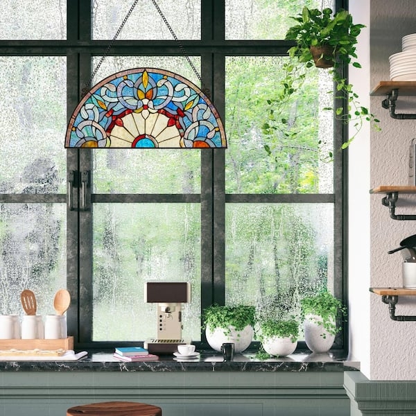 Half Moon Stained Glass Panel Victorian Corista Pattern Sunburst