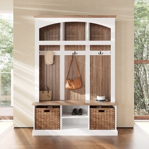Hall Tree Arched Crown White And Oak Entryway Bench With Baskets