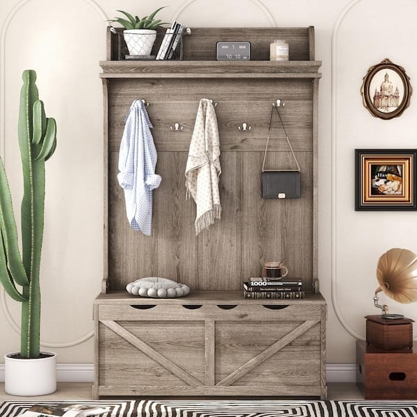 Hall Tree Barn Door Bracing Brown Oak Farmhouse Mudroom Bench